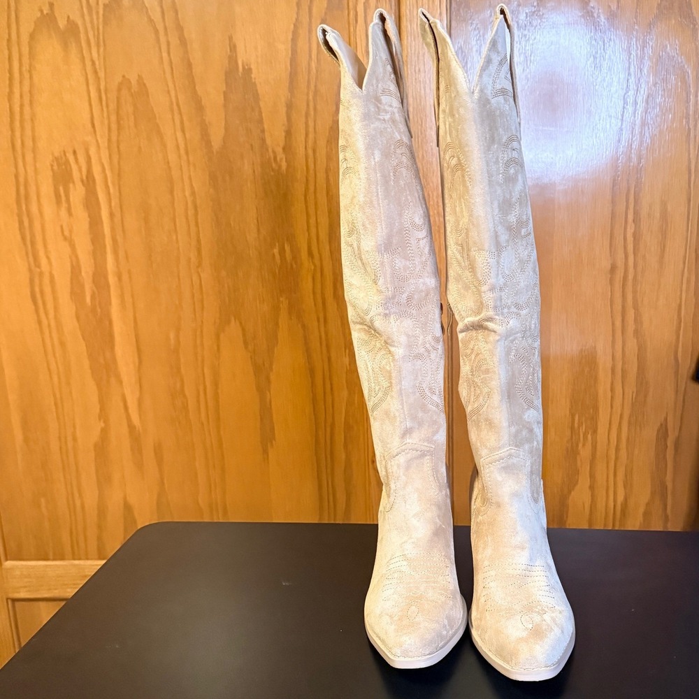 WETKISS Sz11 Women's Tan Suede Embroidered Knee High Western Cowboy Boots - Picture 12 of 12